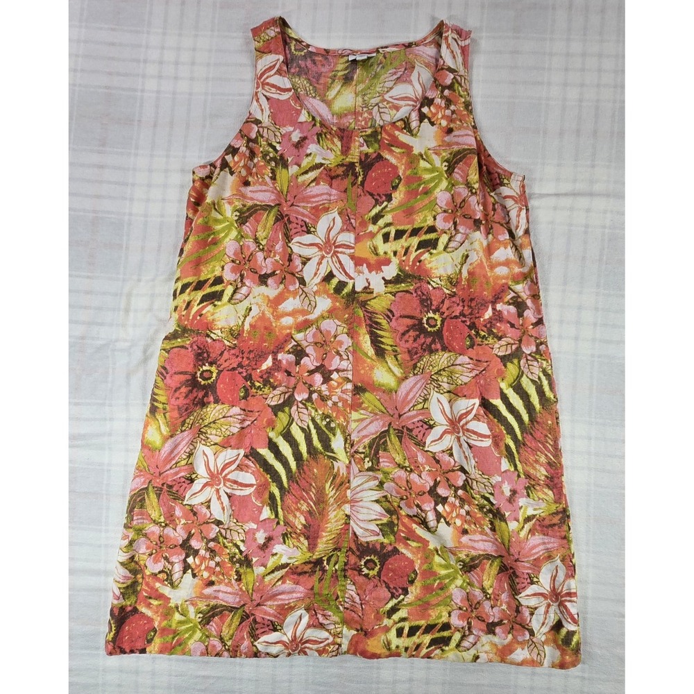 J Jill Love Linen Shift Dress Sleeveless Pink Floral Tropical Beach Vacation L